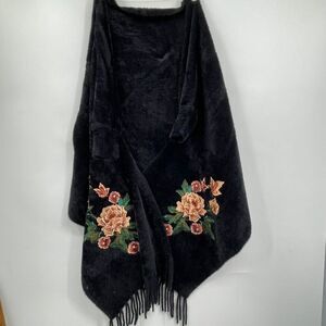 Black Fringed Embroidered Floral Open Cardigan Kimono Sweater One Size